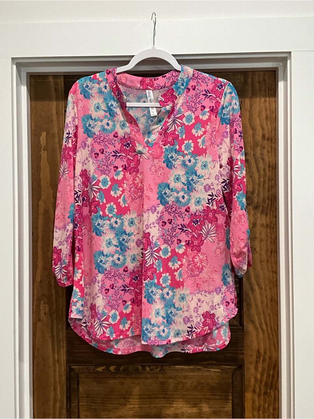 Floral Split-Neck Blouse in Pink & Blue